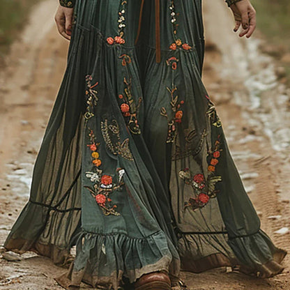 Soraya™ | Boheme Maxi Kjole med Broderi, Gennemsigtige Ærmer og Vintage Bælte | Romantisk Efterårskjole i Jordfarver