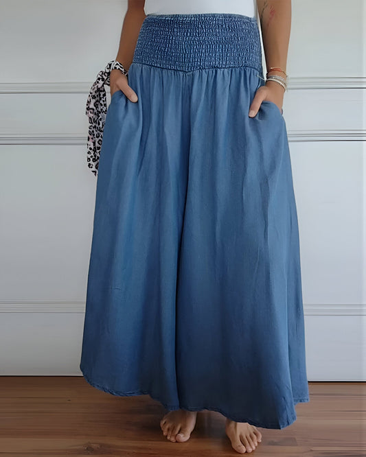 Serenelle™ | Damer Maxi Nederdel med Smocktalje og Lommer | Luftig Vidtsiddende Sommernederdel i Blødt Materiale