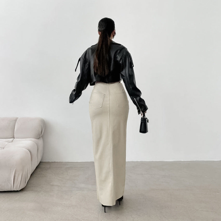 Soraya™ | Damer High-Waist Læder Maxi Nederdel med Slids | Lædernederdel med Tætsiddende Pasform