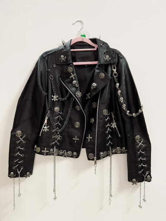 Metal™ | Læder Gothic Punk Jakke med Masser af Sølvdetaljer