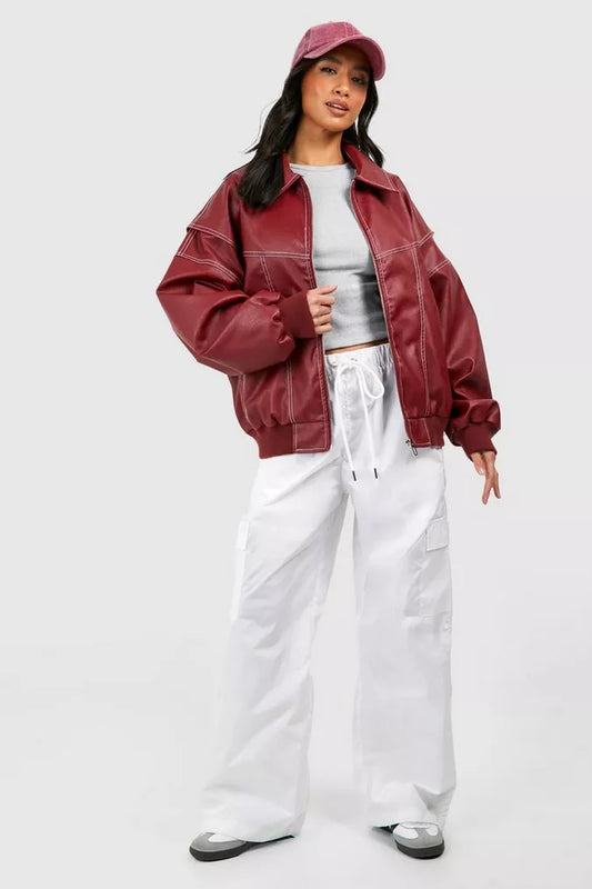 Levana™ | Damer Rød Læder Oversized Bomberjakke