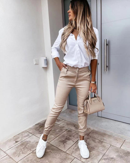 Varelle™ | Slim Fit Chino Damer med Stretch | Komfortable Mellem-Høje Bukser med Lommer i Neutrale Farver til Arbejde og Fritid