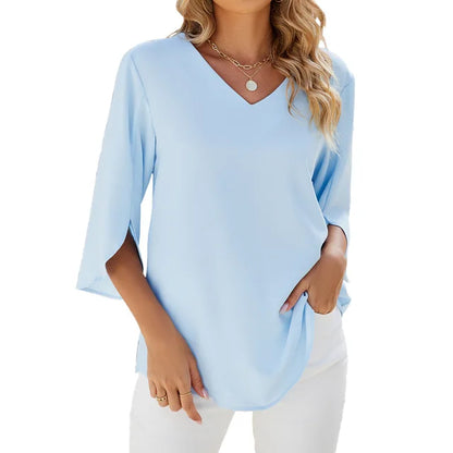 Amélie™ | Damer Bluse med Blomsterblad-Ærmer og V-Hals for Elegant Stil