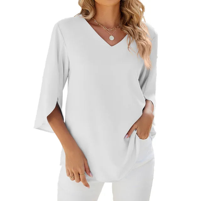 Amélie™ | Damer Bluse med Blomsterblad-Ærmer og V-Hals for Elegant Stil