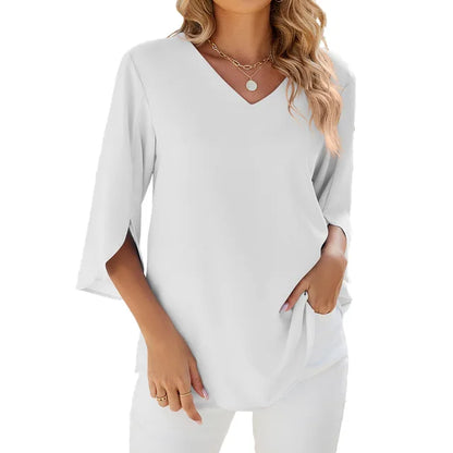 Amélie™ | Damer Bluse med Blomsterblad-Ærmer og V-Hals for Elegant Stil