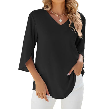 Amélie™ | Damer Bluse med Blomsterblad-Ærmer og V-Hals for Elegant Stil