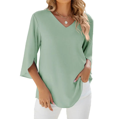 Amélie™ | Damer Bluse med Blomsterblad-Ærmer og V-Hals for Elegant Stil
