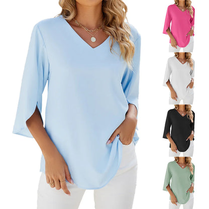 Amélie™ | Damer Bluse med Blomsterblad-Ærmer og V-Hals for Elegant Stil