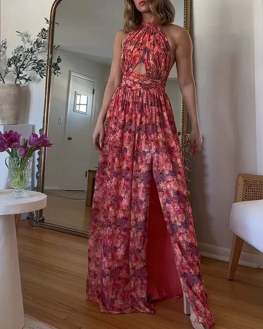 Isabella™ | Halterneck Maxi Kjole med Blomstermønster og Slids | Sommerlig Elegant Kjole med Cut-Out og Åben Ryg