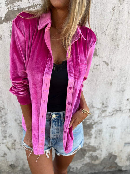 Vérane™ | Damer Oversized Fløjlsskjorte Med Glans Og Knaplukning | Blød Statement Top I Trendfarver
