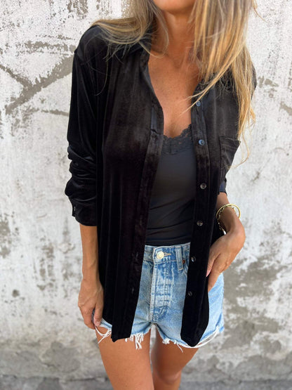 Vérane™ | Damer Oversized Fløjlsskjorte Med Glans Og Knaplukning | Blød Statement Top I Trendfarver