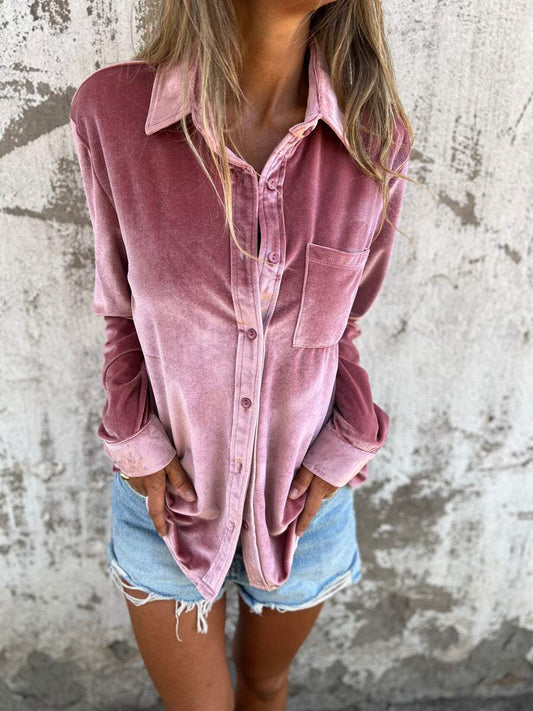 Vérane™ | Damer Oversized Fløjlsskjorte Med Glans Og Knaplukning | Blød Statement Top I Trendfarver