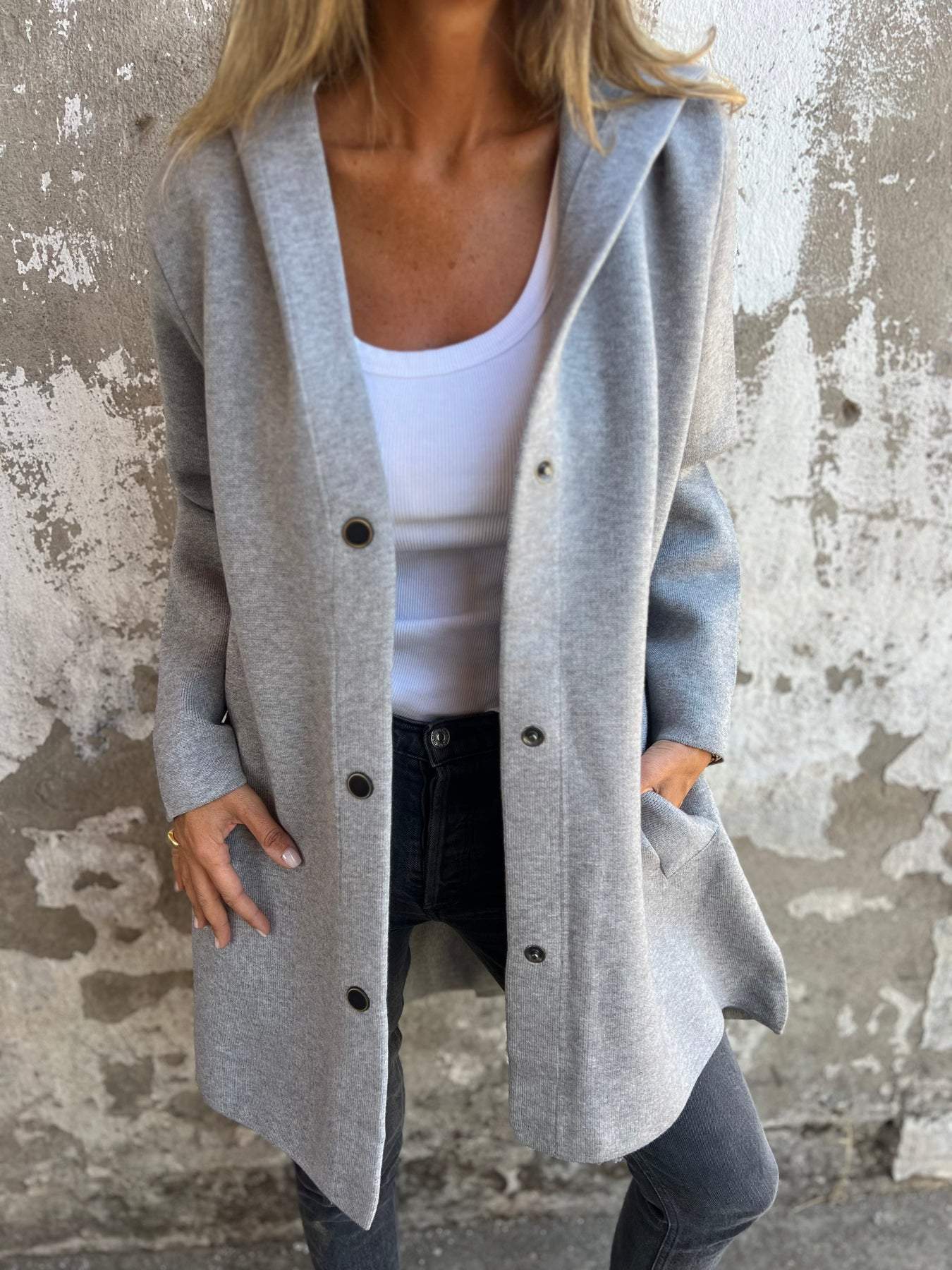 Elisandra™ | Damer Lang Cardigan Med Enkel Enkeltradet Knaplukning Og Hætte