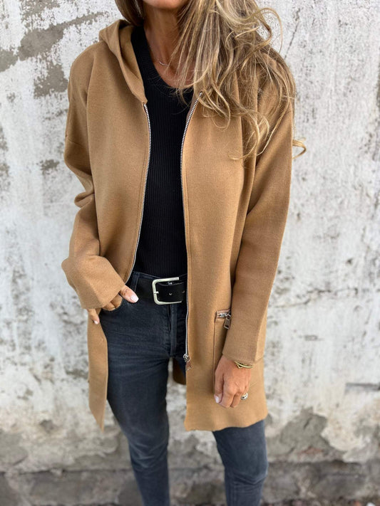 Sorella™ | Let Mellemlang Jakke Til Damer Med Hætte | Casual Strikket Lang Cardigan Med Lynlås Til Forår Og Efterår