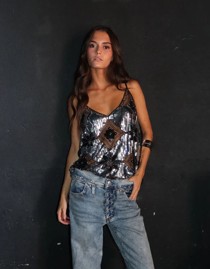 Zaria | Gennemsigtig Glitter Cami Top Damer Med Pallietter og Justerbare Stropper