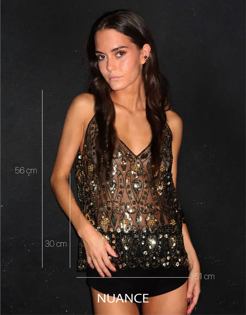 Zaria | Gennemsigtig Glitter Cami Top Damer Med Pallietter og Justerbare Stropper