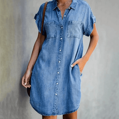 Elira | Denim Skjortekjole til Damer med Korte Ærmer og Oversized Pasform