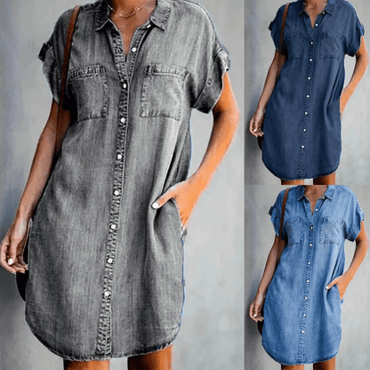 Elira | Denim Skjortekjole til Damer med Korte Ærmer og Oversized Pasform