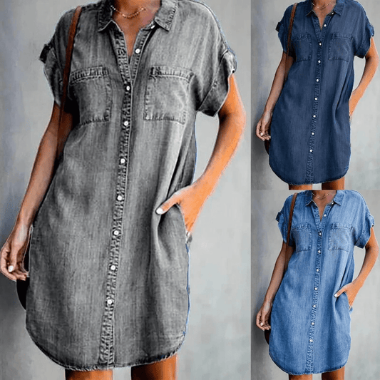 Elira | Denim Skjortekjole til Damer med Korte Ærmer og Oversized Pasform
