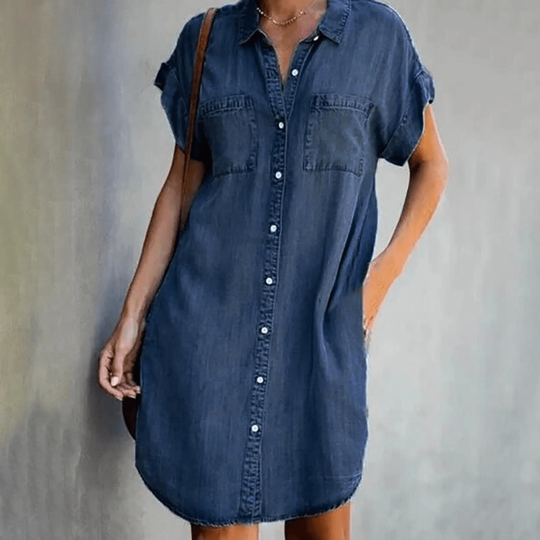 Elira | Denim Skjortekjole til Damer med Korte Ærmer og Oversized Pasform