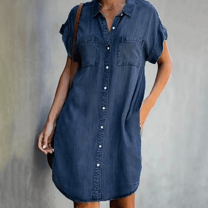 Elira | Denim Skjortekjole til Damer med Korte Ærmer og Oversized Pasform