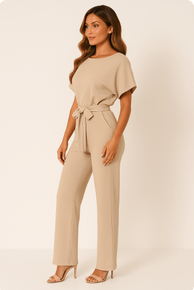 Éliane | Elegant Jumpsuit Med Bindebælte Og Korte Ærmer Damer