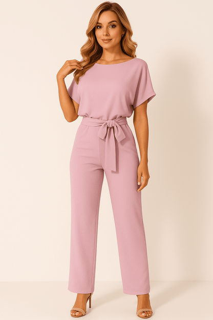 Éliane | Elegant Jumpsuit Med Bindebælte Og Korte Ærmer Damer