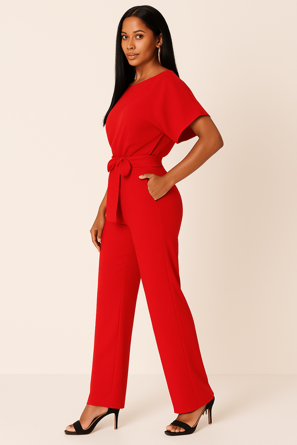 Éliane | Elegant Jumpsuit Med Bindebælte Og Korte Ærmer Damer
