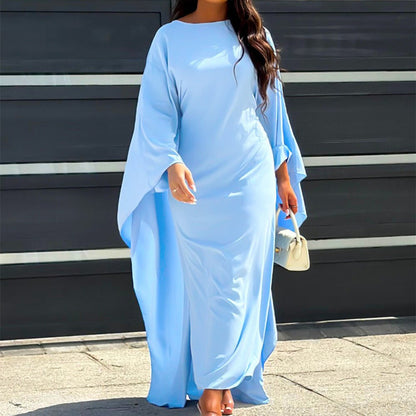 Samira | Lang Satinlook Kjole Med Flagermusærmer Og Bådhals Damer