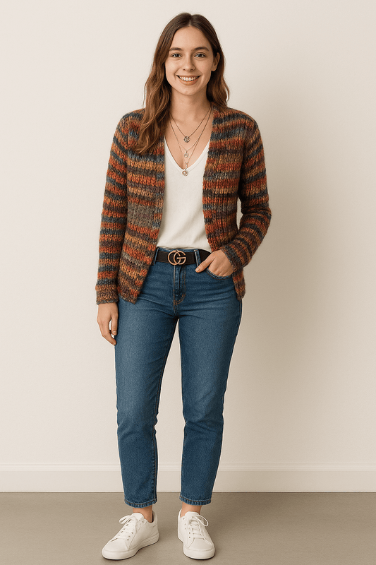 Maribel | Strikket Cardigan Til Damer Med Multifarvede Striber Og V-Hals