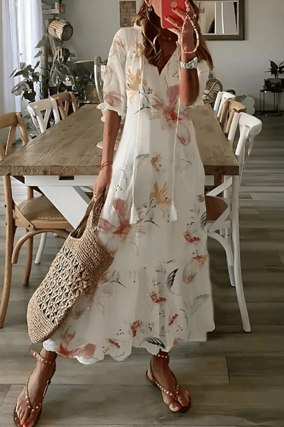 Solena | Boheme Maxi-Kjole til Damer med V-Hals og Sommerprint