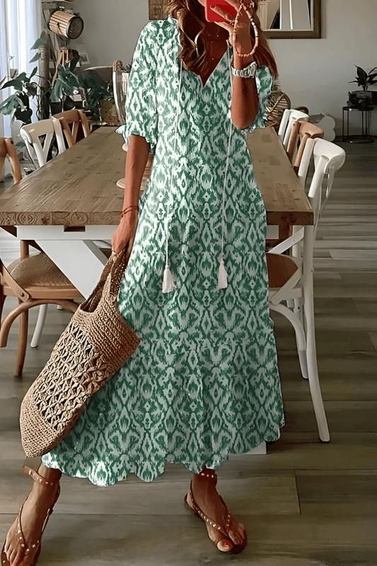 Solena | Boheme Maxi-Kjole til Damer med V-Hals og Sommerprint