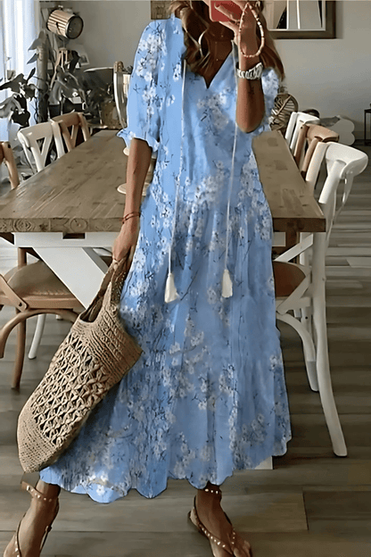 Solena | Boheme Maxi-Kjole til Damer med V-Hals og Sommerprint