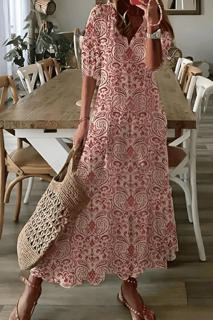 Solena | Boheme Maxi-Kjole til Damer med V-Hals og Sommerprint