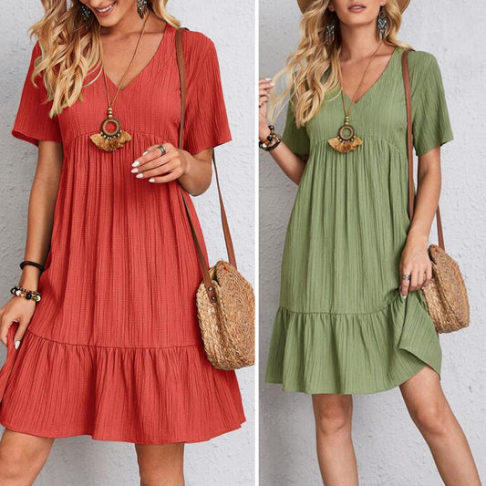 Aluna | Bomulds Sommerkjole Dame med V-Hals, Flæser & Let Boho-Stil