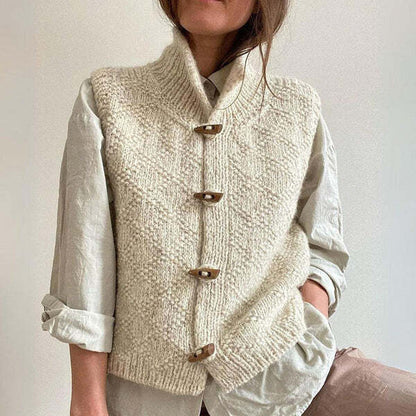 Lunette | Chunky Strikket Vest Til Damer Med Træknapper Og Ståkrave