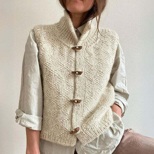 Lunette | Chunky Strikket Vest Til Damer Med Træknapper Og Ståkrave