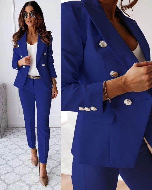 Valéris™ | To-Delte Damersæt med Guldfarvede Knapper | Elegant Blazersæt med Figursyet Blazer og Slim Fit Bukser til Arbejde eller Særlige Anledninger