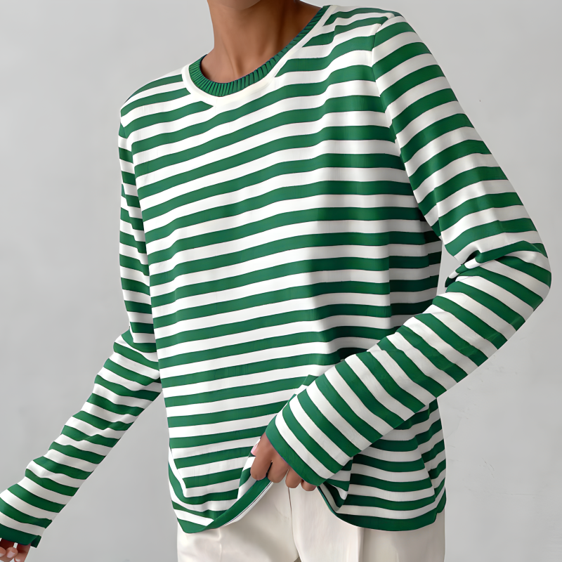 Nina™ | Damer Stribet Strikket Langærmet Bluse Med Rund Hals | Tidløs Marine Look Top I Bomuldsblanding