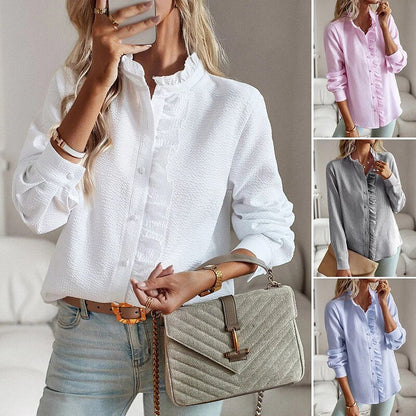 Linda™ | Damebluse med Flæser | Elegant Ståkrave & Luksuriøst Tekstureret Stof