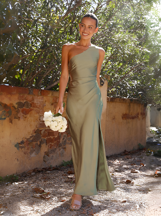 Elvéra™ | Damer Satin One-Shoulder Aftenkjole | Olivengrøn Gallakjole med Åben Ryg og Høj Slids
