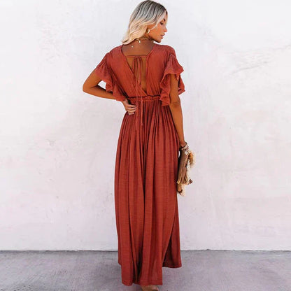 Yelina | Boho Maxi Kjole Med Knaplukning Og Bindebånd Damer