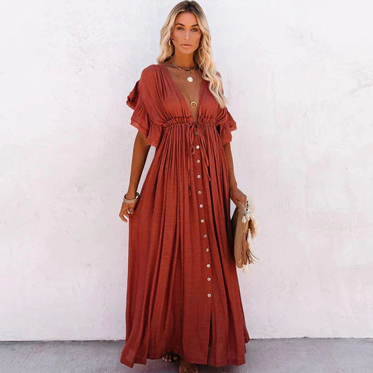 Yelina | Boho Maxi Kjole Med Knaplukning Og Bindebånd Damer