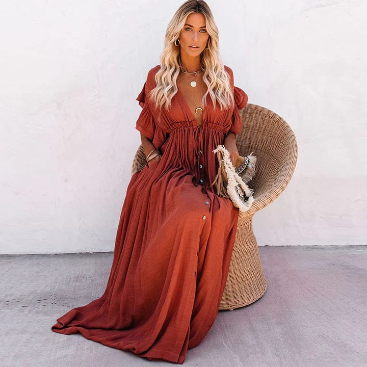Yelina | Boho Maxi Kjole Med Knaplukning Og Bindebånd Damer
