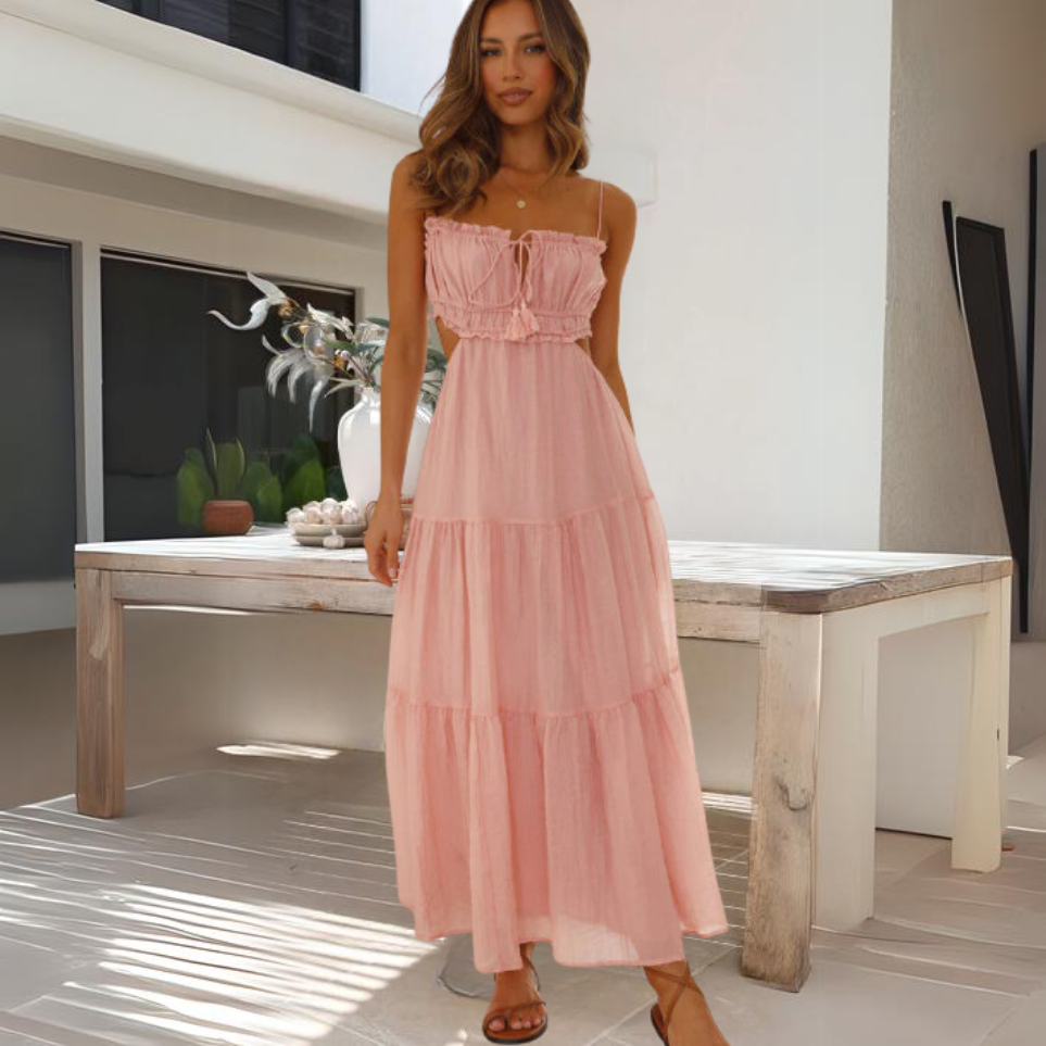 Selena™ | Damer Stropløs Maxi Sommerkjole Med Cut-Out Og Åben Ryg | Let Casual Boho Kjole Med Flæser