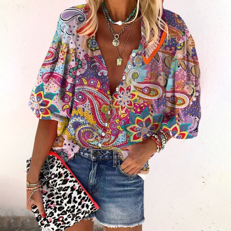 Amaya | Boho Bluse Damer Med Paisley Print & Ballonærmer