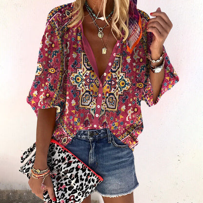 Amaya | Boho Bluse Damer Med Paisley Print & Ballonærmer