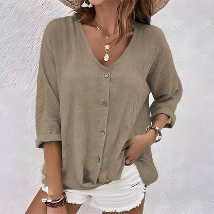 Liora | Let Damebluse | Sommerbluse med V-Hals & Knaplukning | Løstsiddende | 3/4 Ærmer | Casual Top