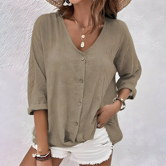 Liora | Let Damebluse | Sommerbluse med V-Hals & Knaplukning | Løstsiddende | 3/4 Ærmer | Casual Top