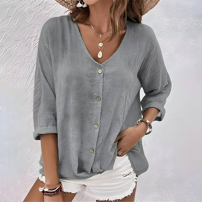 Liora | Let Damebluse | Sommerbluse med V-Hals & Knaplukning | Løstsiddende | 3/4 Ærmer | Casual Top